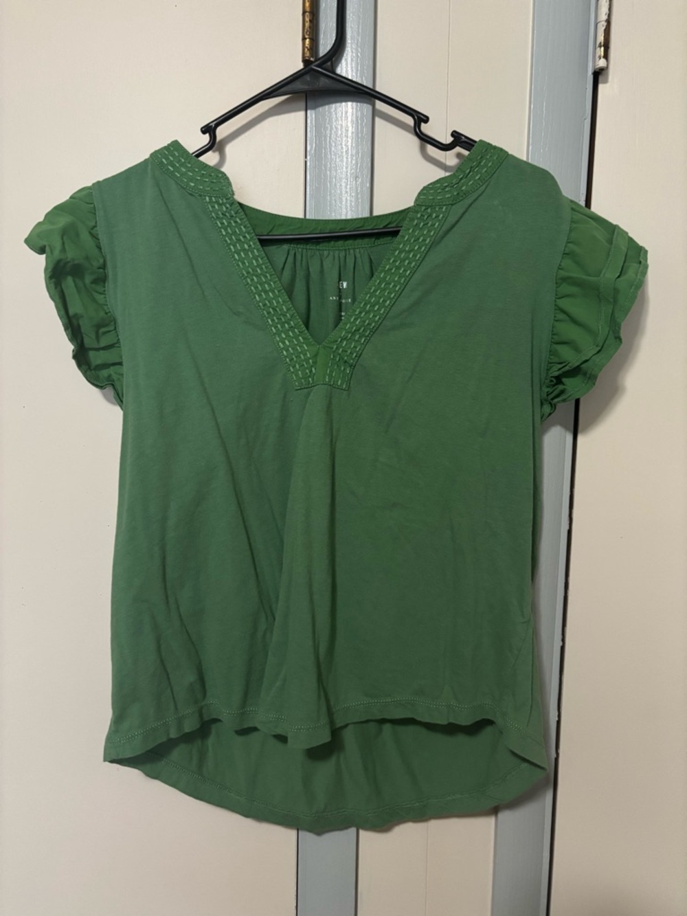 Anthropologie Green V-Neck Puff Sleeve Top